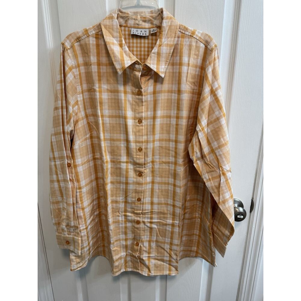 Joan Rivers XL Orange White Plaid Blouse Button Detail Behind Long Sleeve New